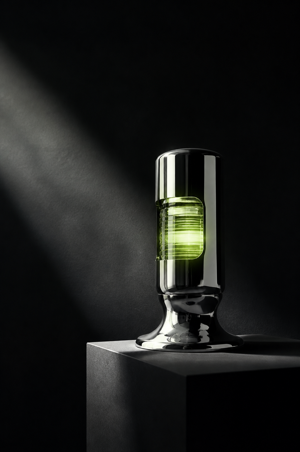Sculptural chrome beacon glowing with an acid-lime signal